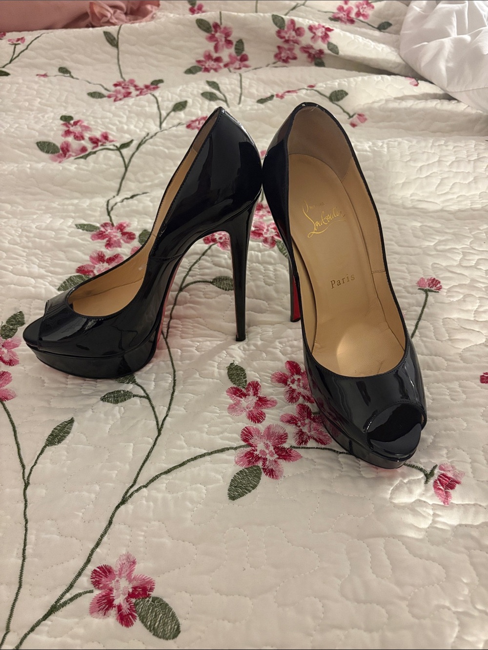 Christian Louboutin Black Patent Leather Peep-Toe Platform Pumps